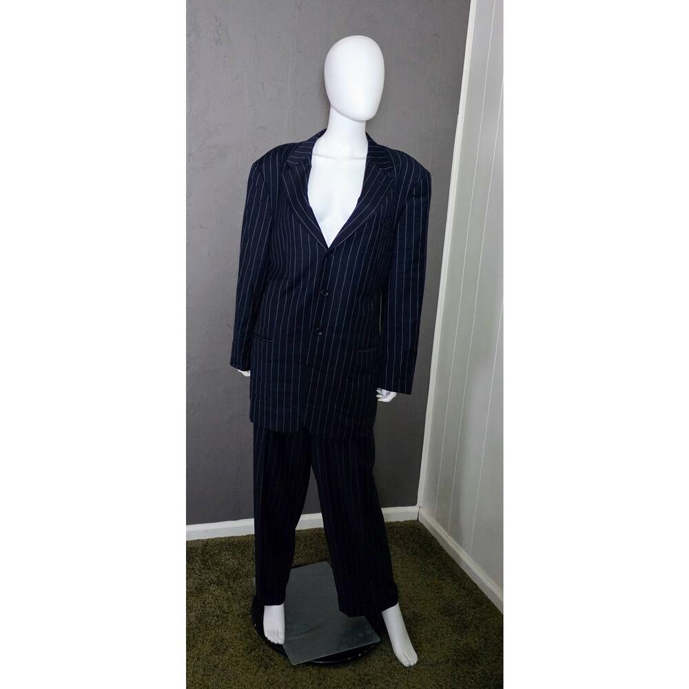 Armani Collezioni Navy Blue Pinstripe 2-Piece Suit Wool Italy Mens 44R Y2K